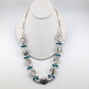 Native American Inspired Turquoise Saucer Beaded Necklace Silver Plated Jewelry‎